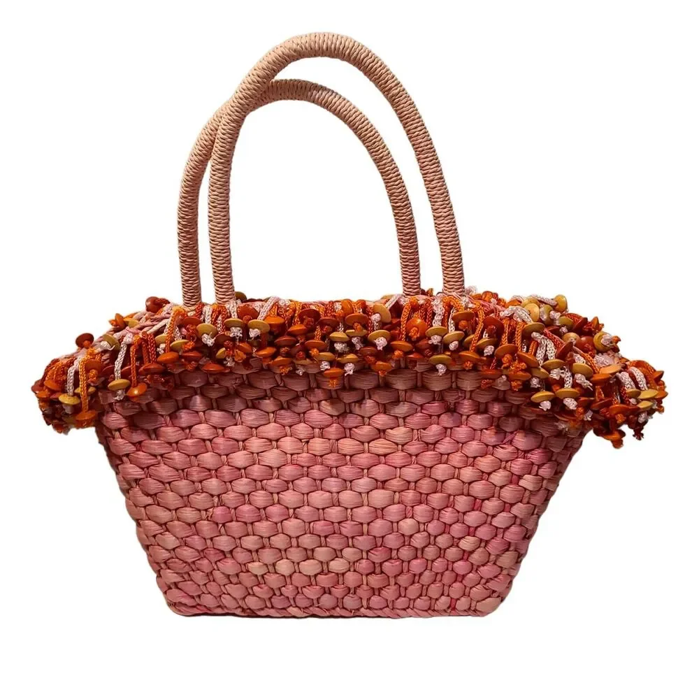 Pink Weaved Straw Hand Bag w/Orange/Tan Wood Beads Drawstring Closure NWT‎